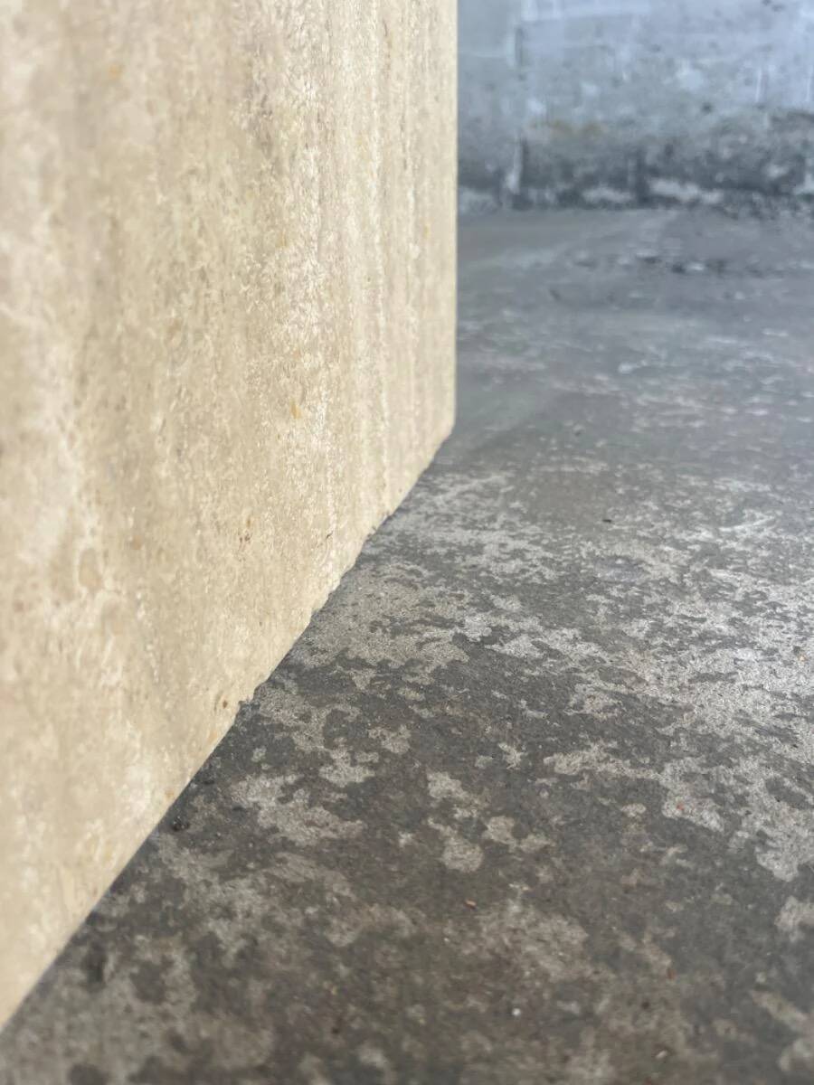 Light beige travertine Italian minimalist coffee table, solid natural stone 1980s