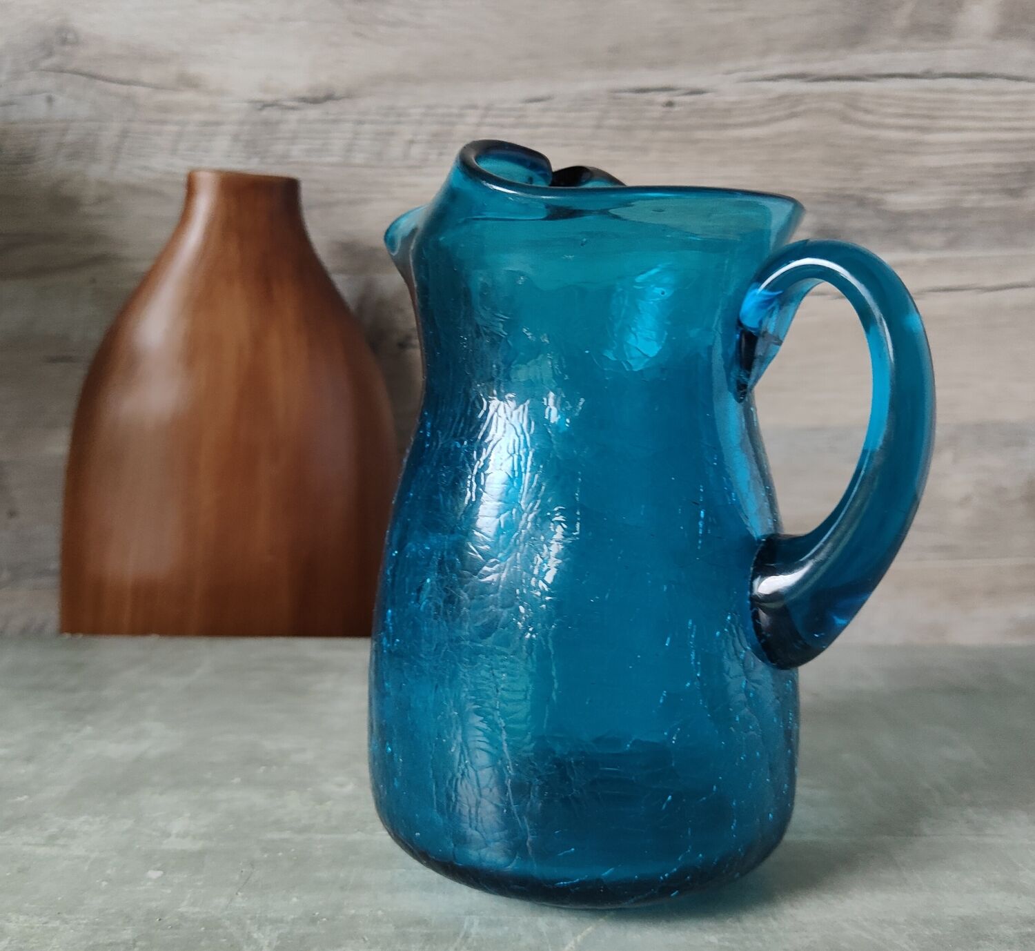 Blue cracked glass pitcher