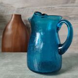 Blue cracked glass pitcher