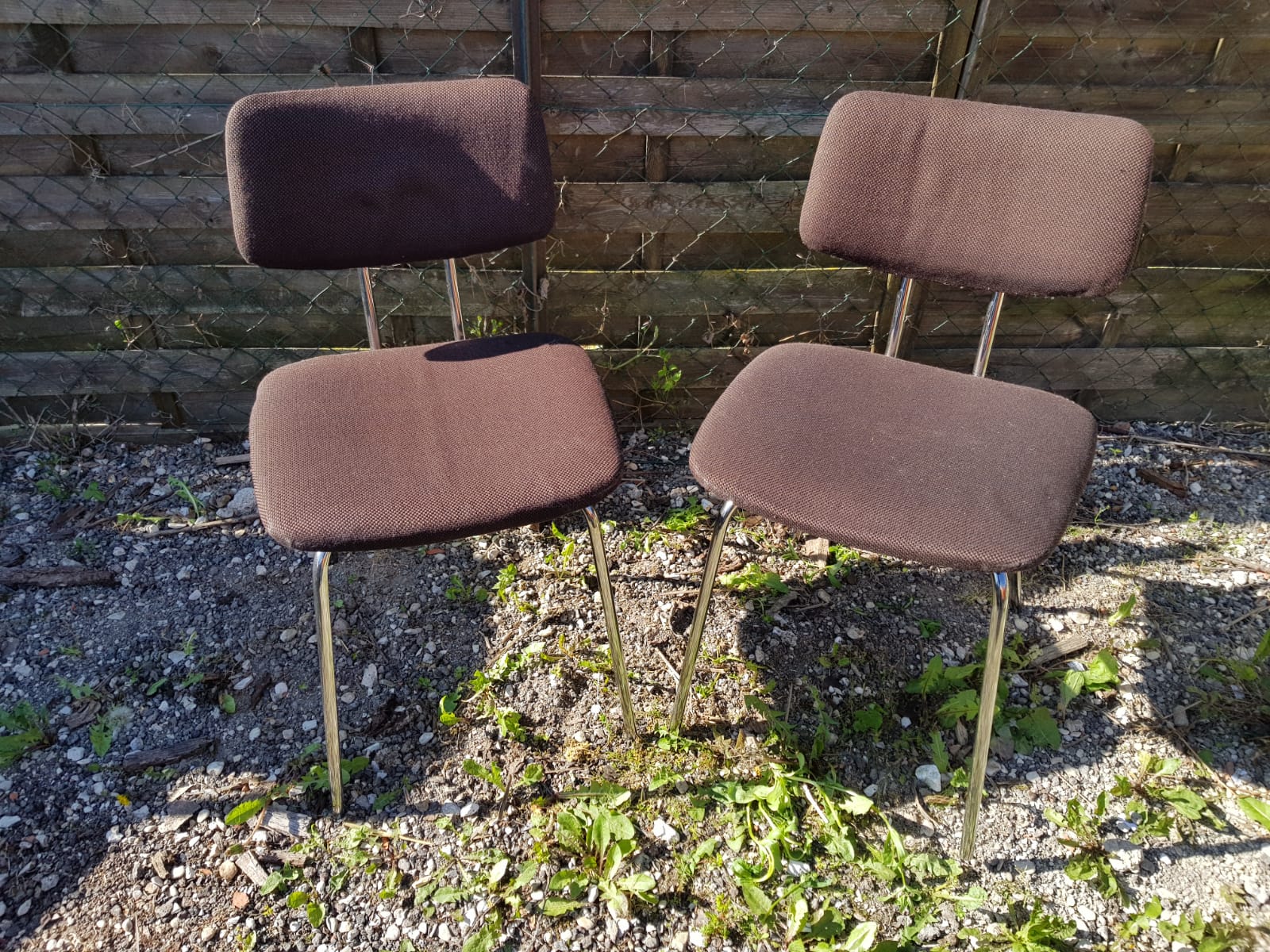 Pair old metal chair chromé - vintage 70s brown fabric