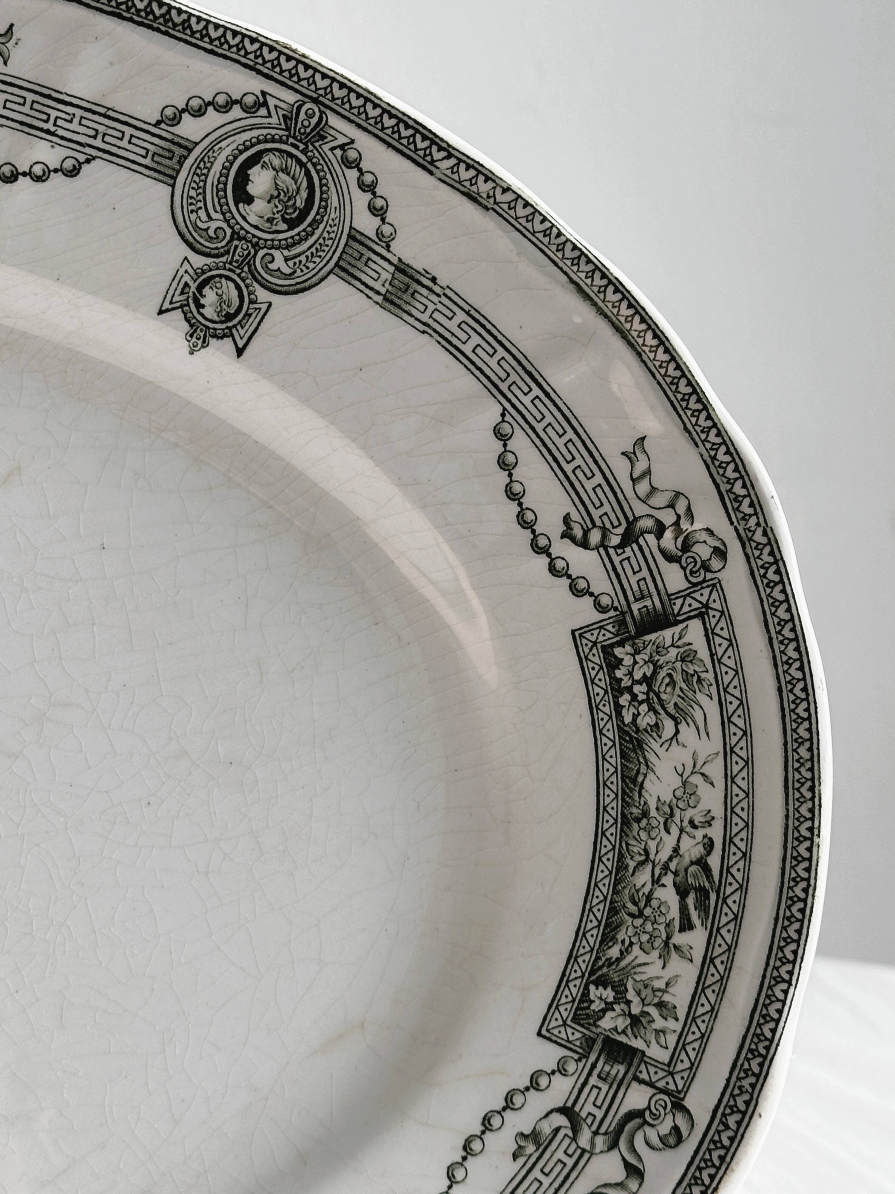 Antique oval earthenware dish, black and white neoclassical decor