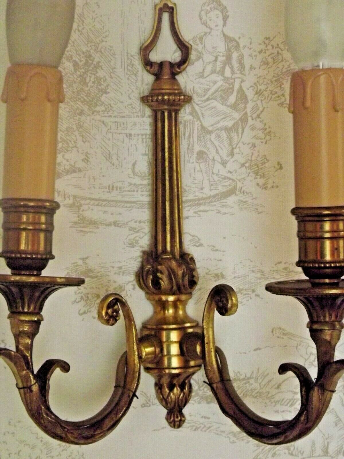 Pair french vintage cast bronze traditional empire style double wall lights
