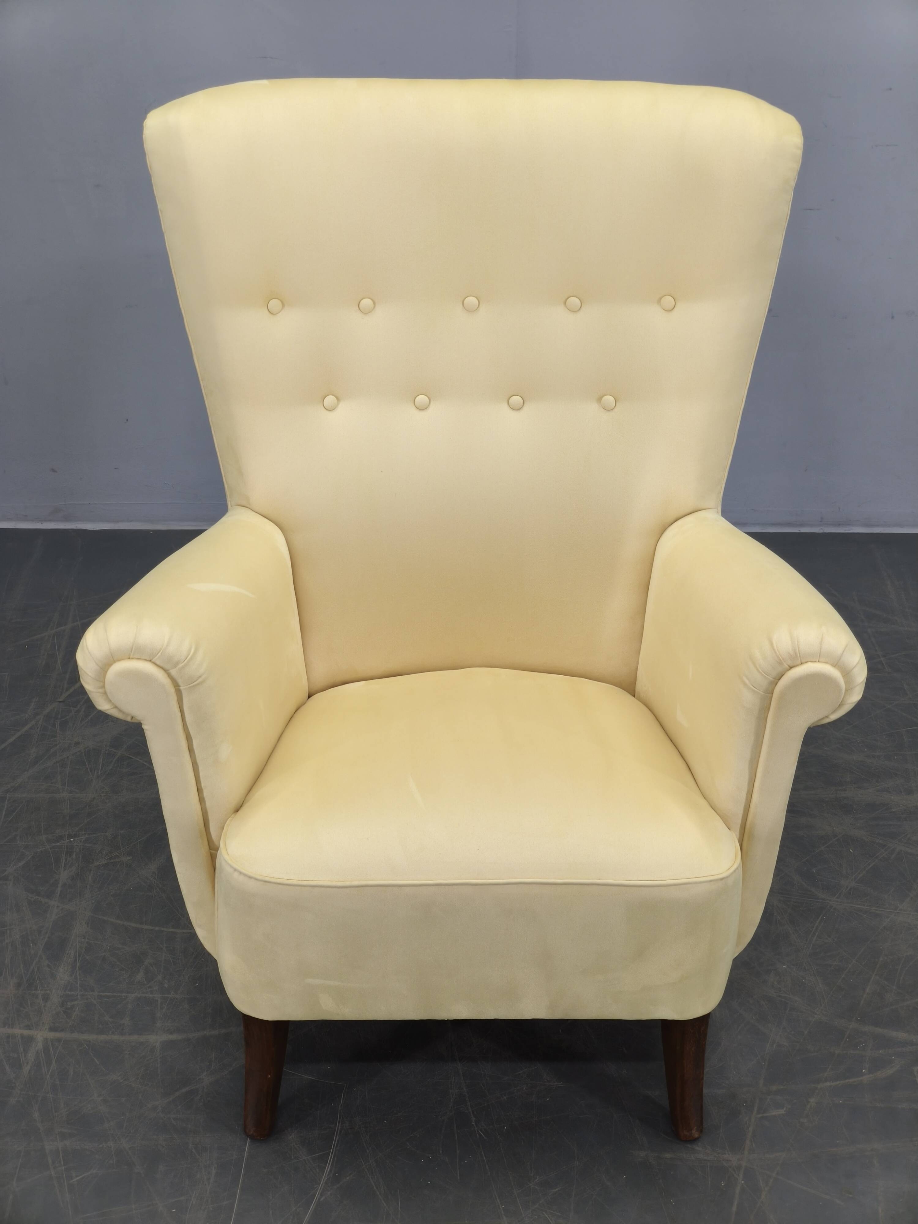 1950s Danish High Back Wing Lounge Chair Newly Reupholstered