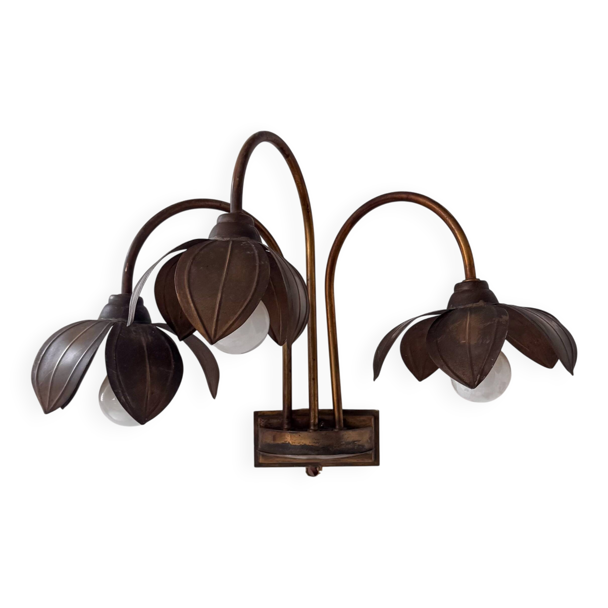 Vintage brass wall light with three branches, floral pattern, France, 1970.