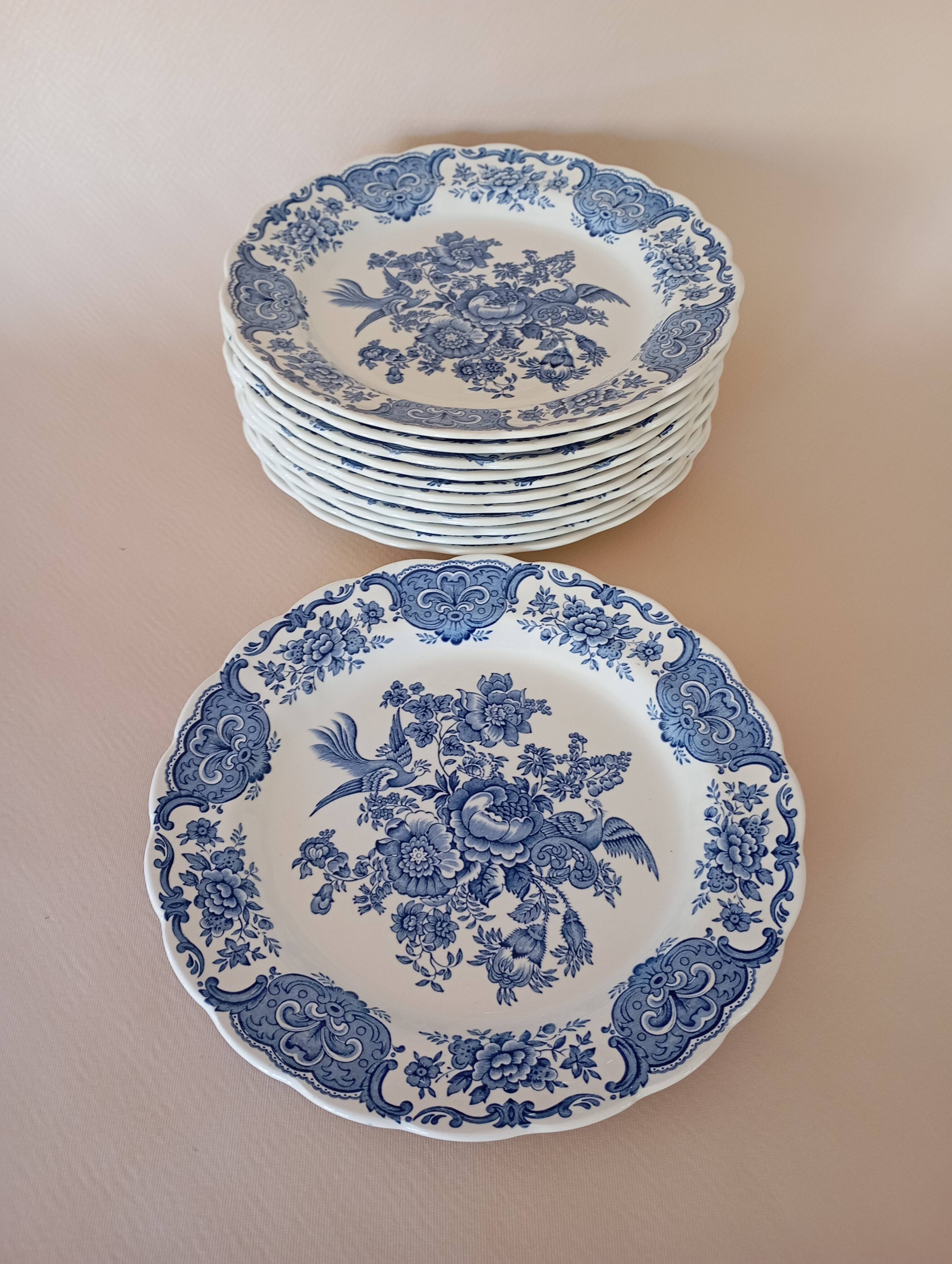 Assiettes plates anglaises Ridgway 'Windsor' bleu & blanc