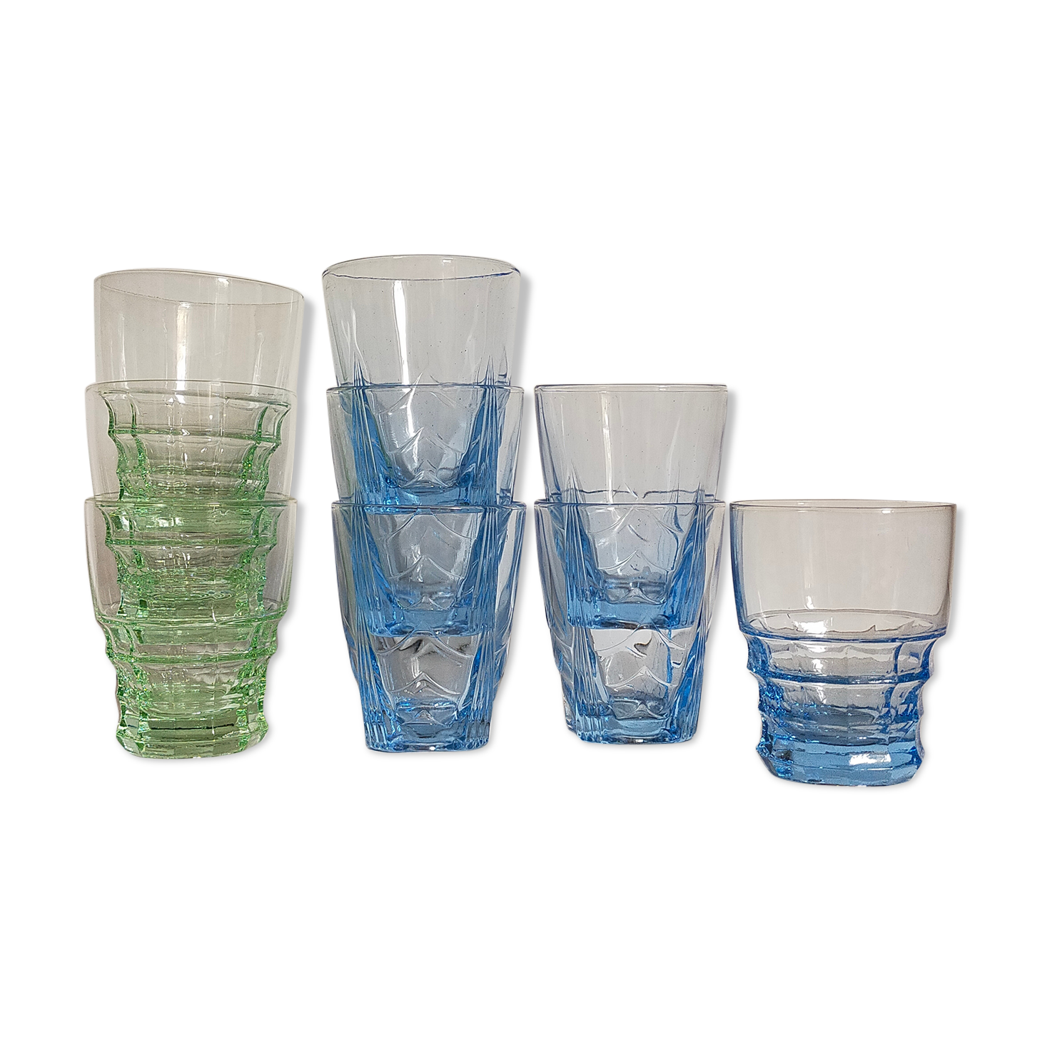 Nine colored art-deco glasses 40s