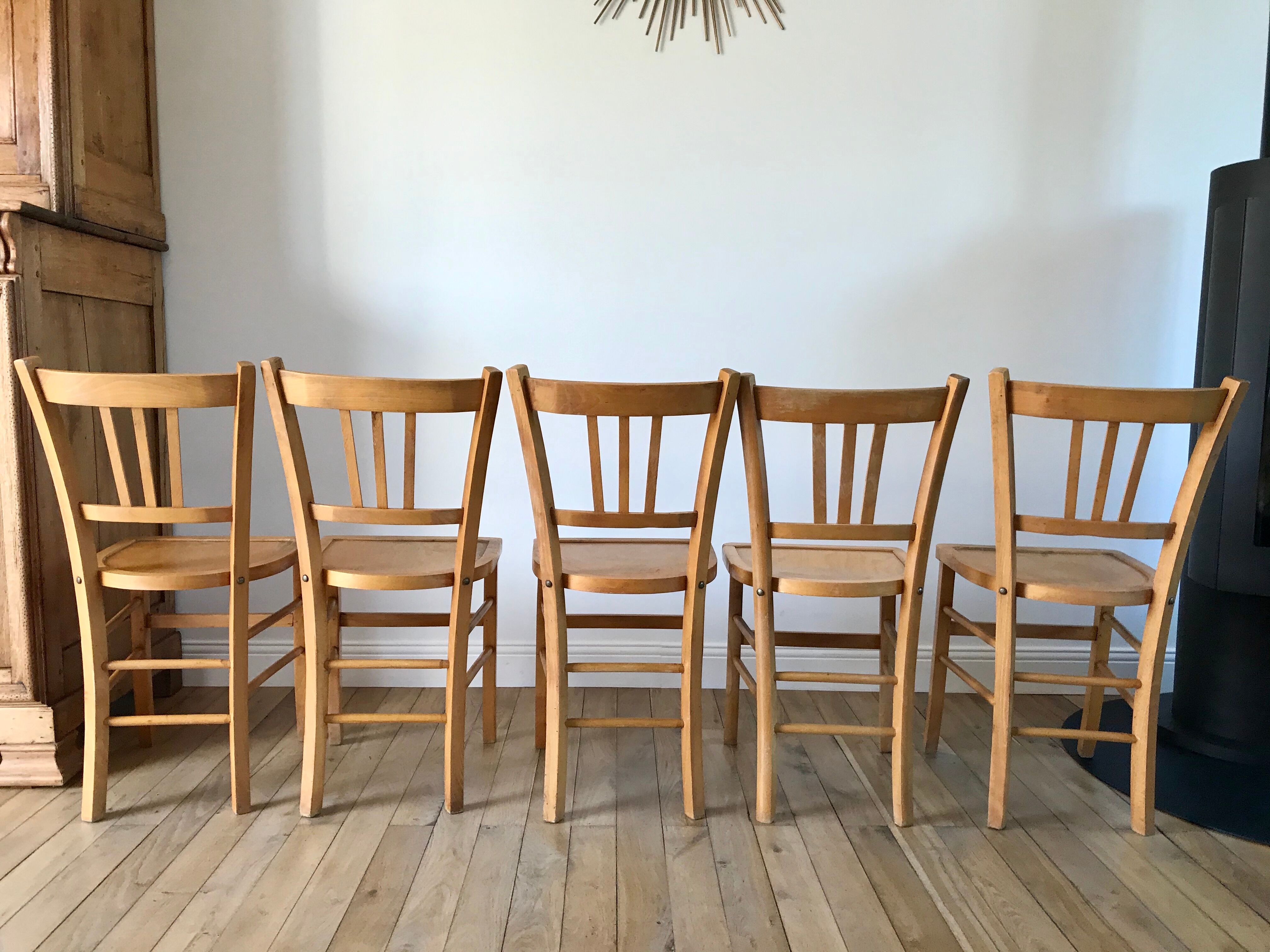 Set of 5 Luterma light blond wood bistro chairs from the 50s