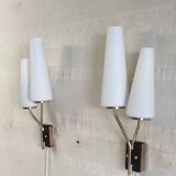 Asymmetrical double light wall sconces in brass, metal, and opaline - 50s