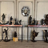 Pair of contemporary consoles in marble and metal.