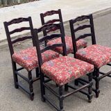 4 Henri II chairs in solid wood and floral burgundy fabric from the 19th century.