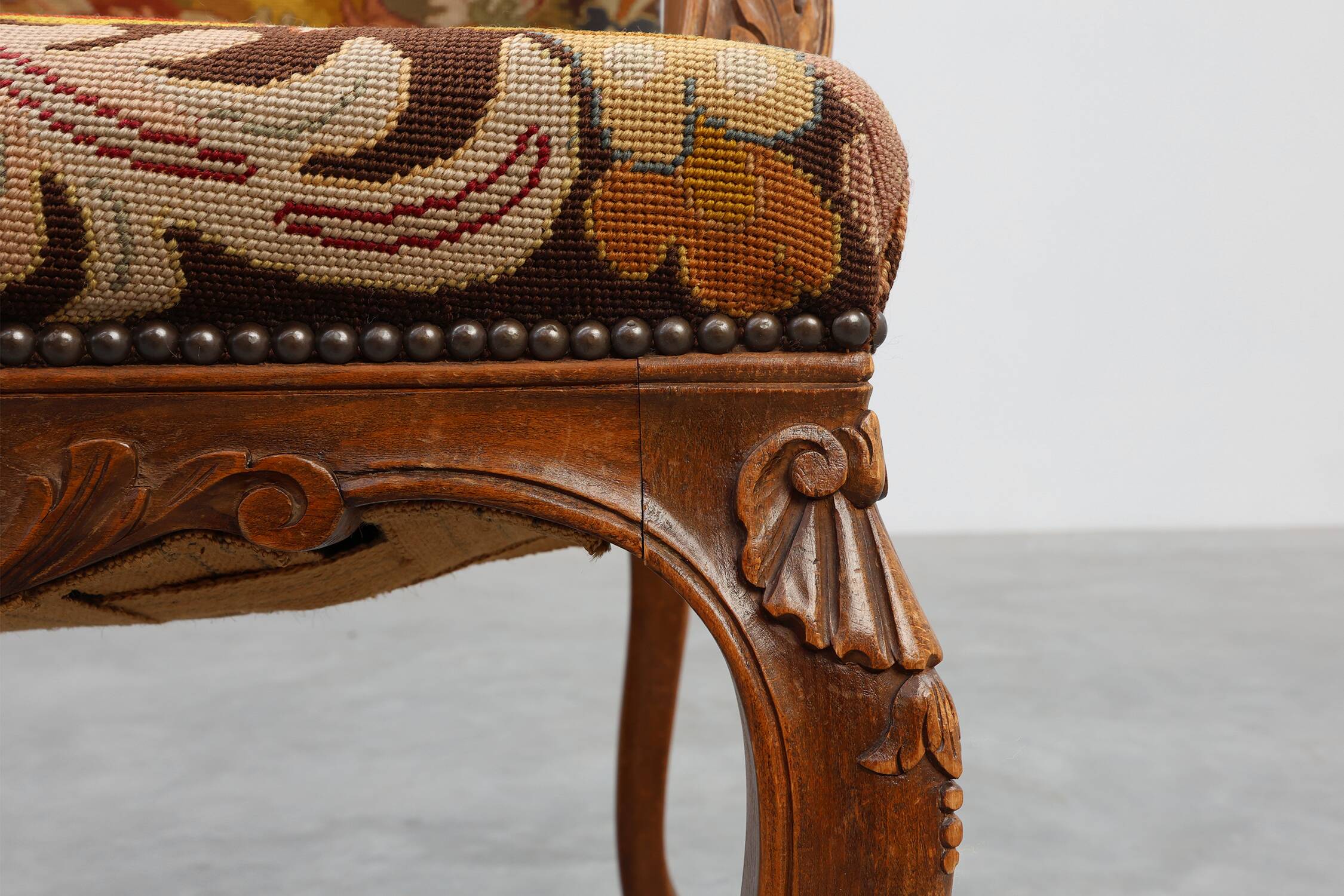 Louis XV Style Carved Walnut Armchair with Needlepoint Upholstery, France