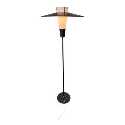 Modernist floor lamp in steel, brass, and glass, France 1950s.