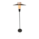 Modernist floor lamp in steel, brass, and glass, France 1950s.