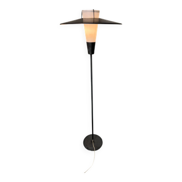 Modernist floor lamp in steel, brass, and glass, France 1950s.