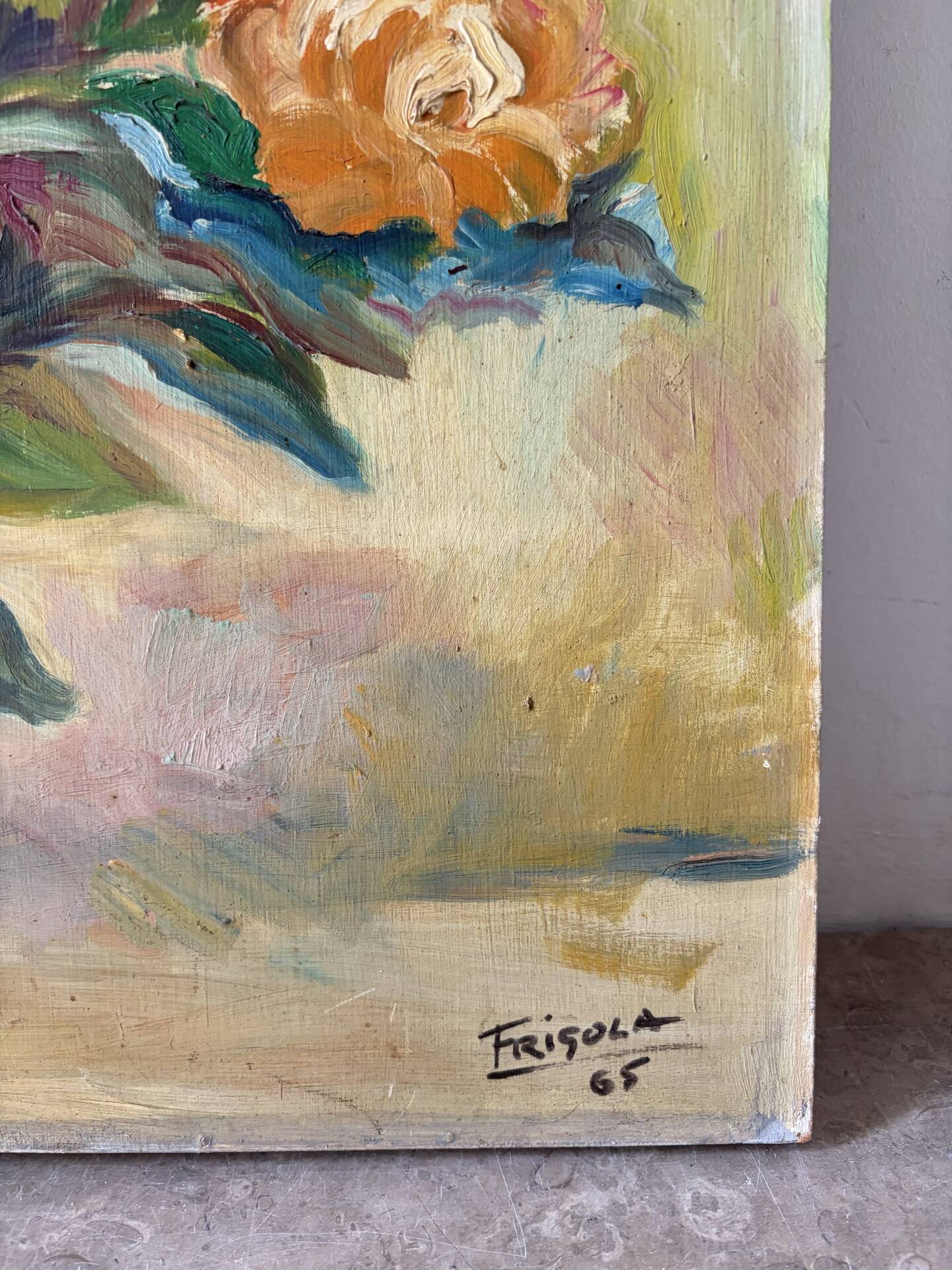 Roses, oil on panel signed Frigola 1965