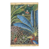 Painted canvas depicting a toucan on a stylized background. Contemporary.