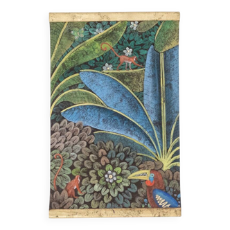 Painted canvas depicting a toucan on a stylized background. Contemporary.