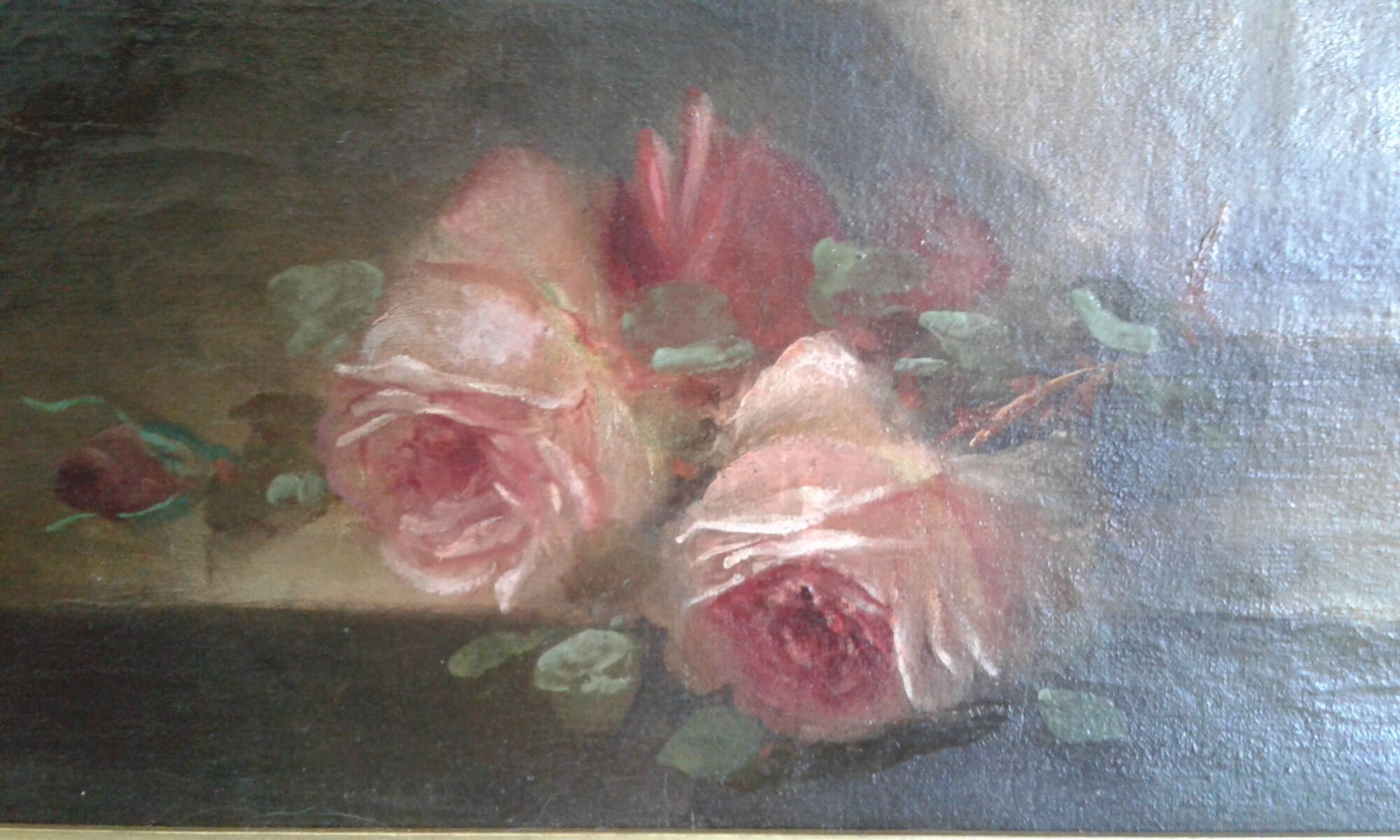 Painting still life with bouquet of roses and lilacs