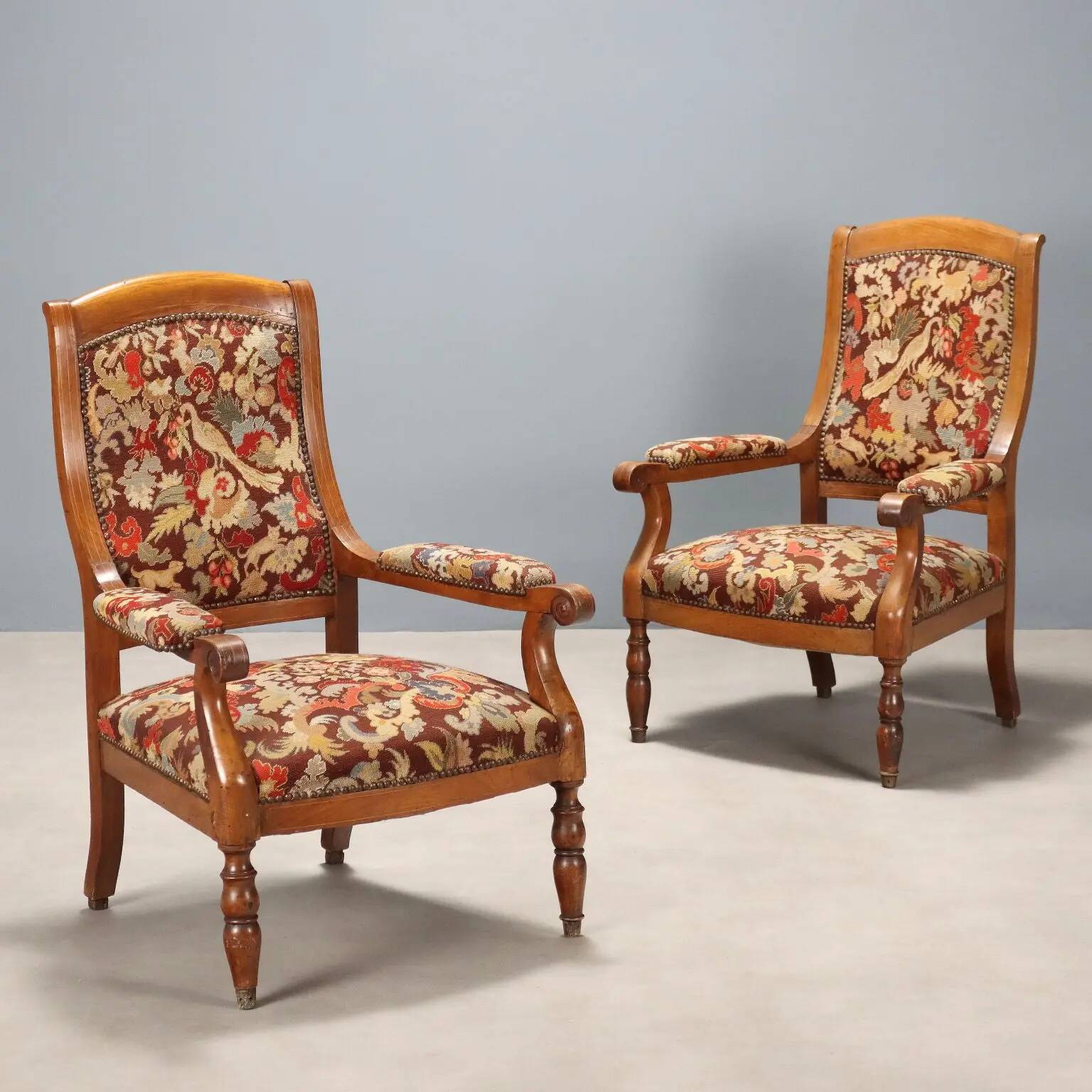 Antique walnut, maple, and fabric armchairs, Italy, late 19th century.