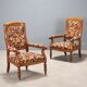 Antique walnut, maple, and fabric armchairs, Italy, late 19th century.