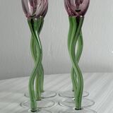 Set of 6 blown glass champagne glasses, green twisted feet