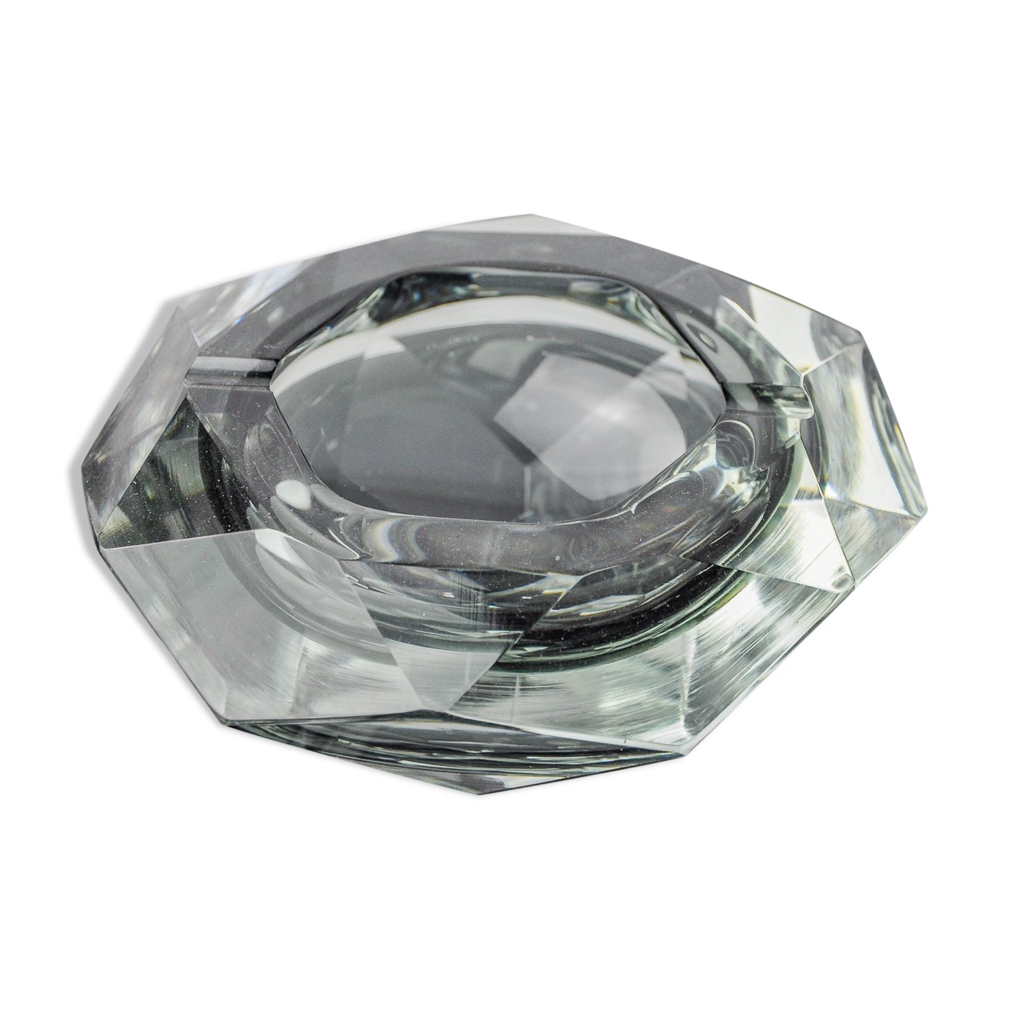 Ashtray Sommerso grey by seguso, faceted glass, murano, italy, 1970