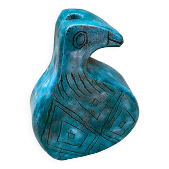 Ancien Vase Zoomorphe Oiseau Terre Cuite Émaillée Verte Ciselé Vintage