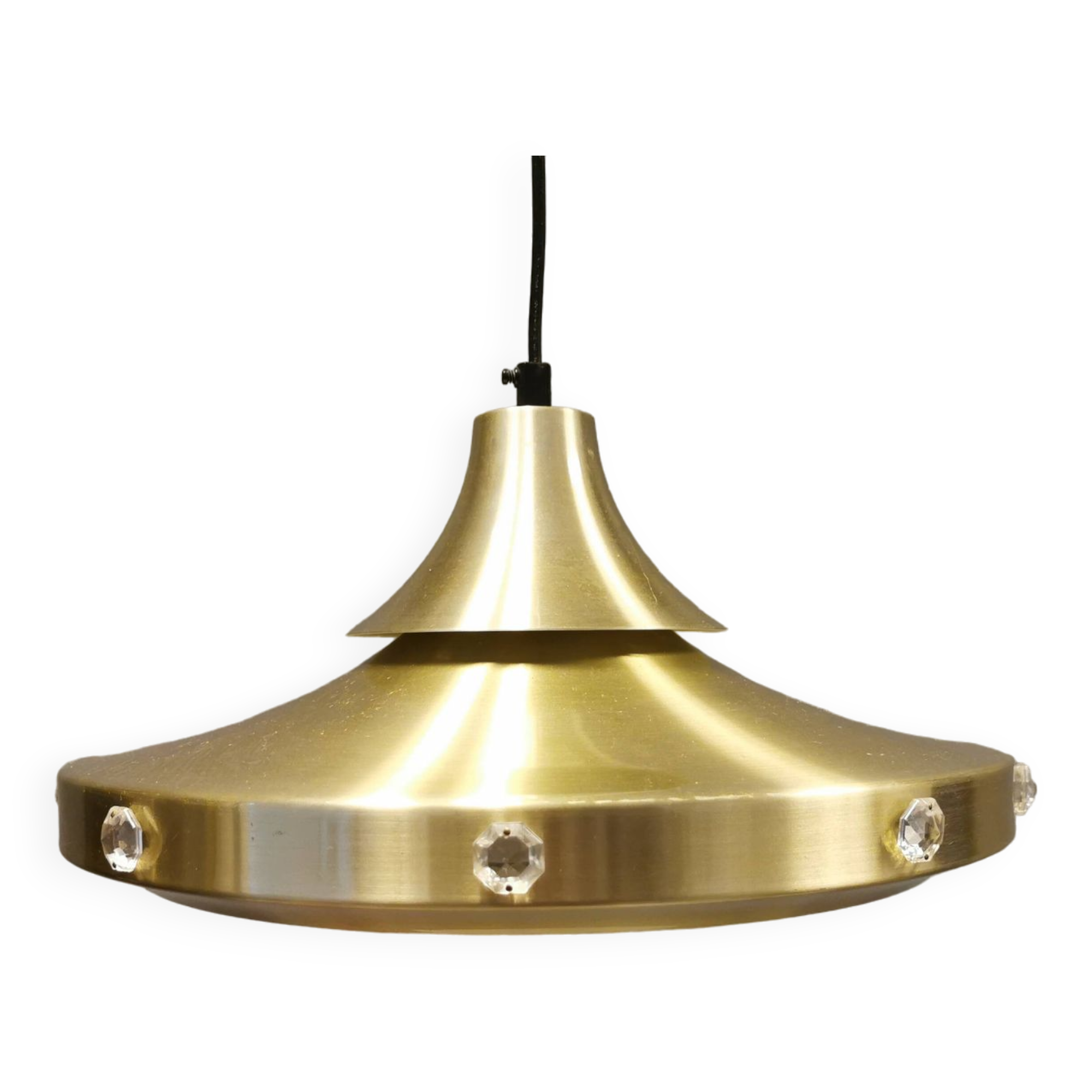 Danish Hanging lamp from the 80s in gold-coloured aluminium with hard-pressed plastic bottom grid an