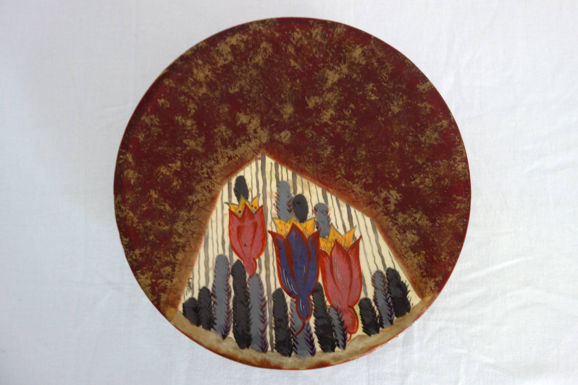 Louis Dage red and gold fruit bowl, 1920s/1930s