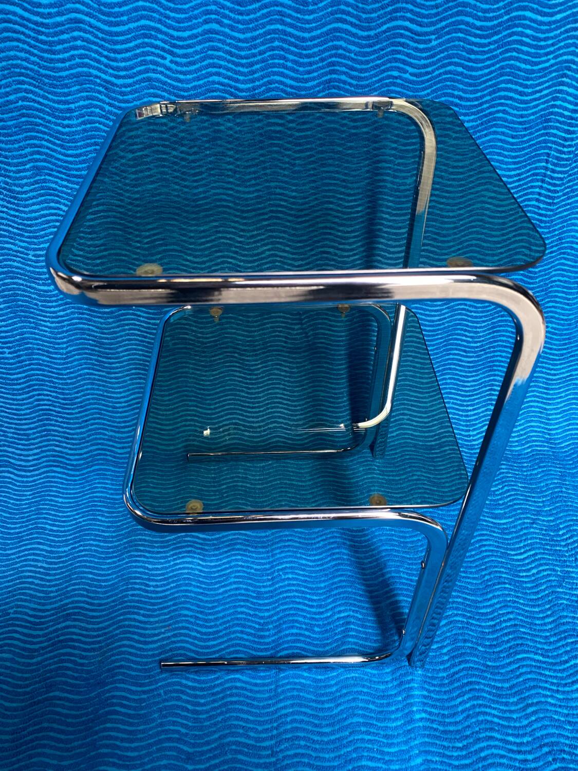 Vintage 1970s coffee table square chrome base u-shaped oval profile