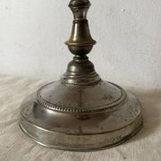 Antique jeweller's lamp, silver-plated base, frosted pink glass shade.