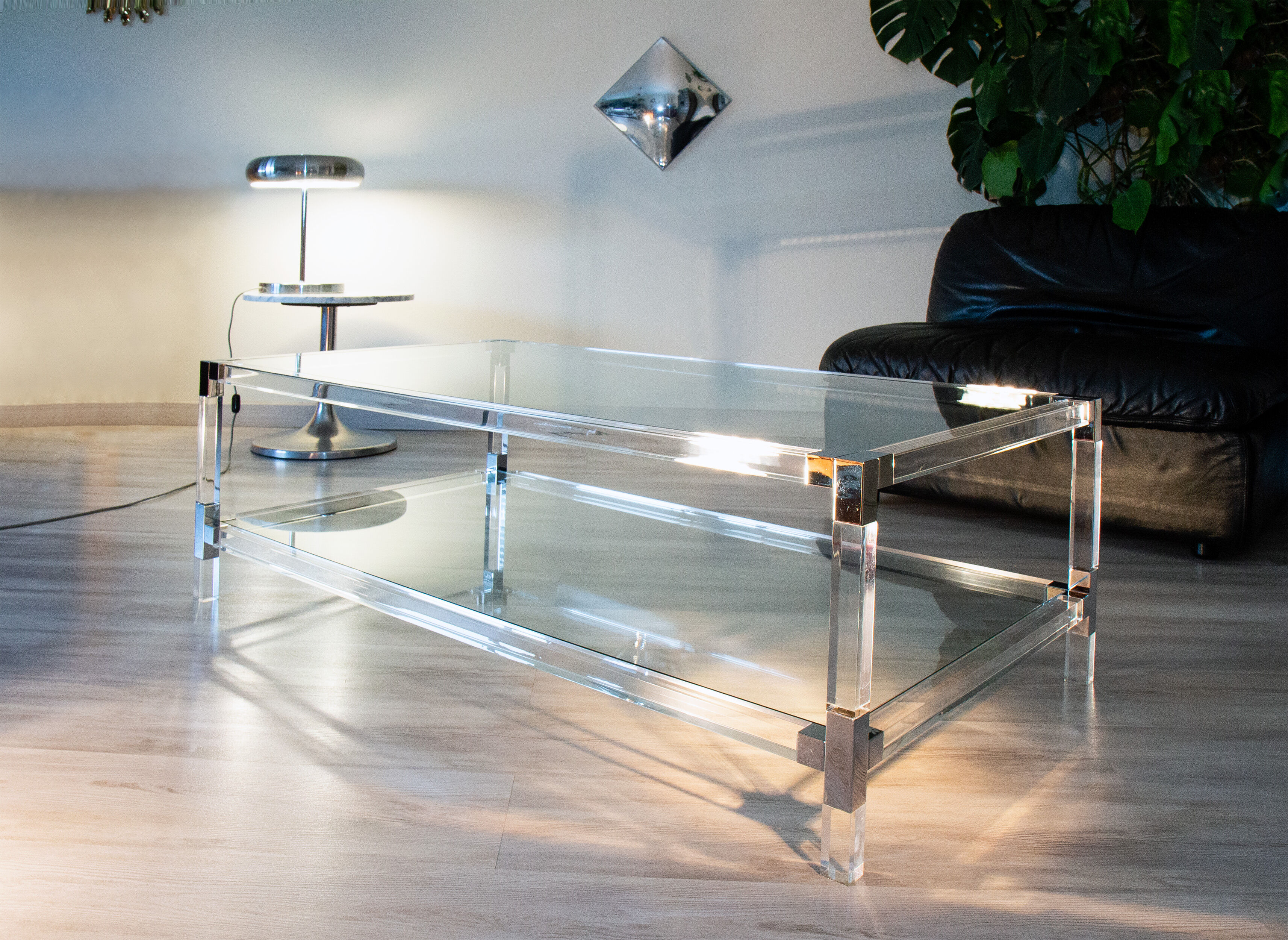 Glass and plexiglass coffee table, 1970-80