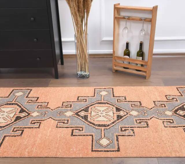 Vintage Turkish Hand-Knotted Wool Cotton Orange Runner Rug 95x408