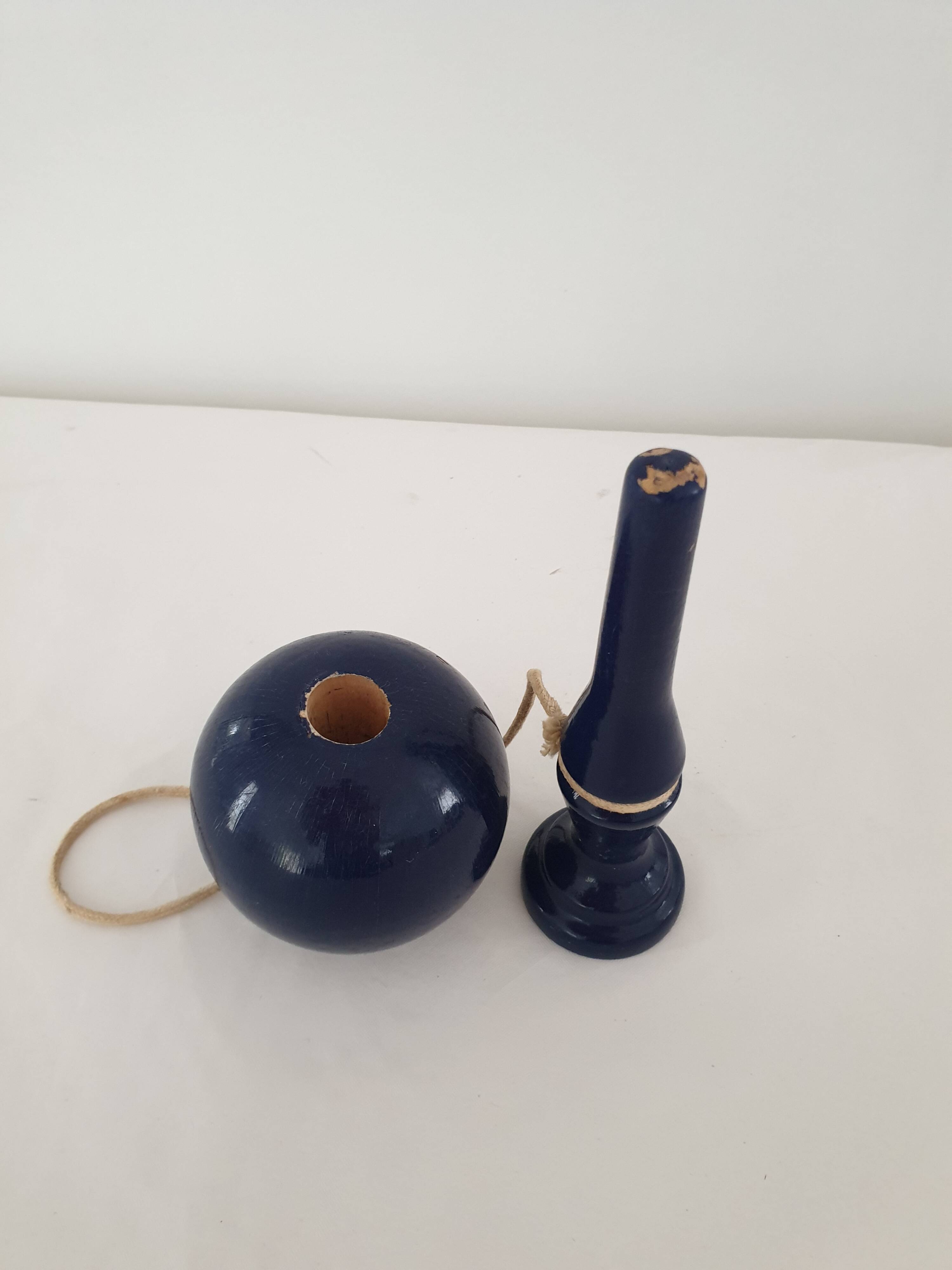 Old wooden Bilboquet - dark blue color Height 19 Cm