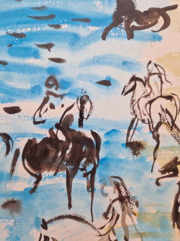 Hassan El Glaoui (1924-2018) - Aquarelle sur papier  ''Cavaliers sur la plage'' - Signée