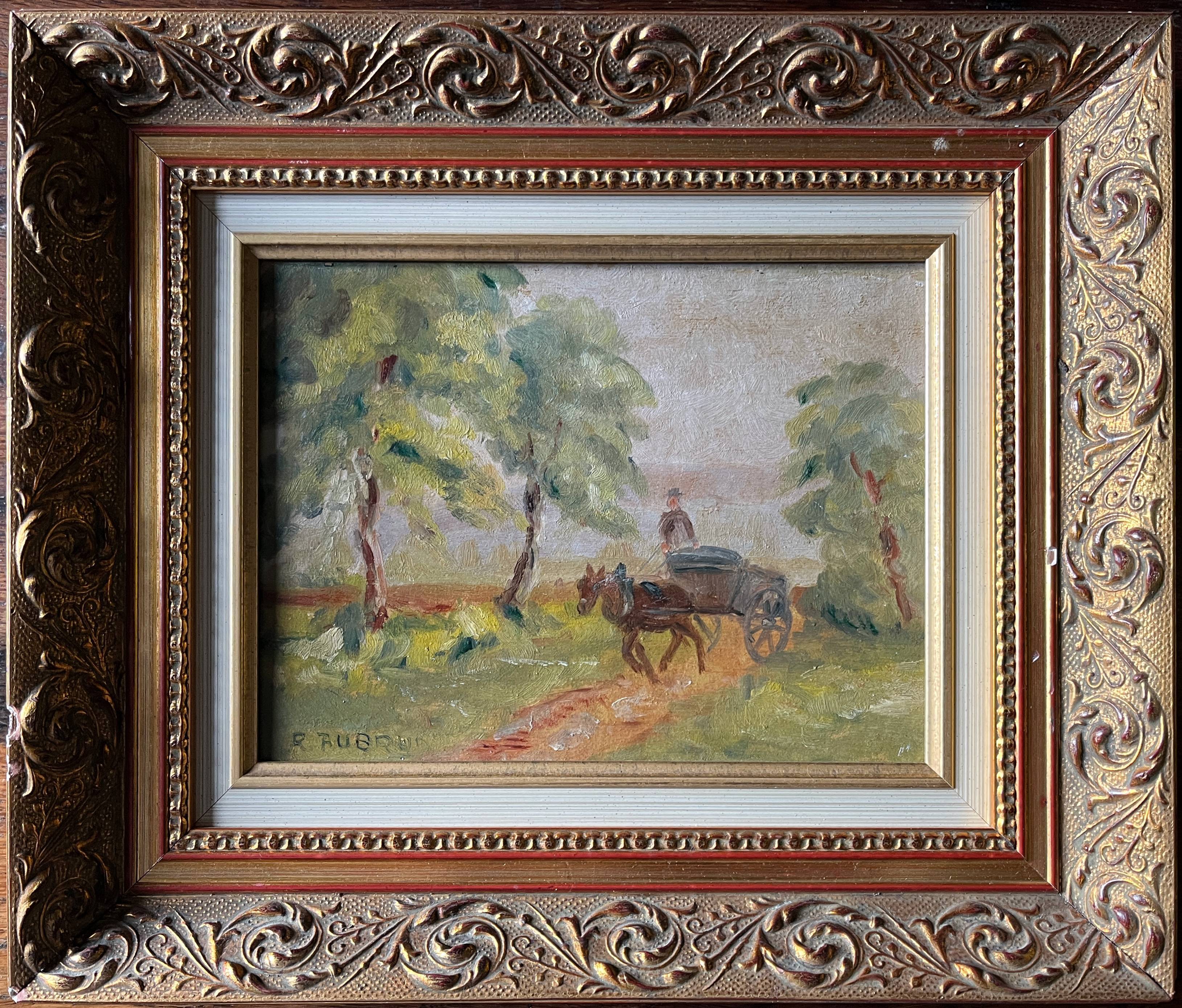 Post-impressionist “Chemin de Merolle” painting by Roger Aubrun 1947 + frame