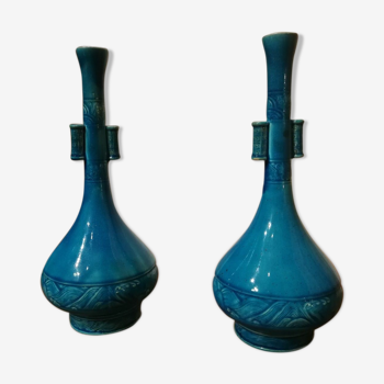 Paire de vases bleu japonisant Th.Deck