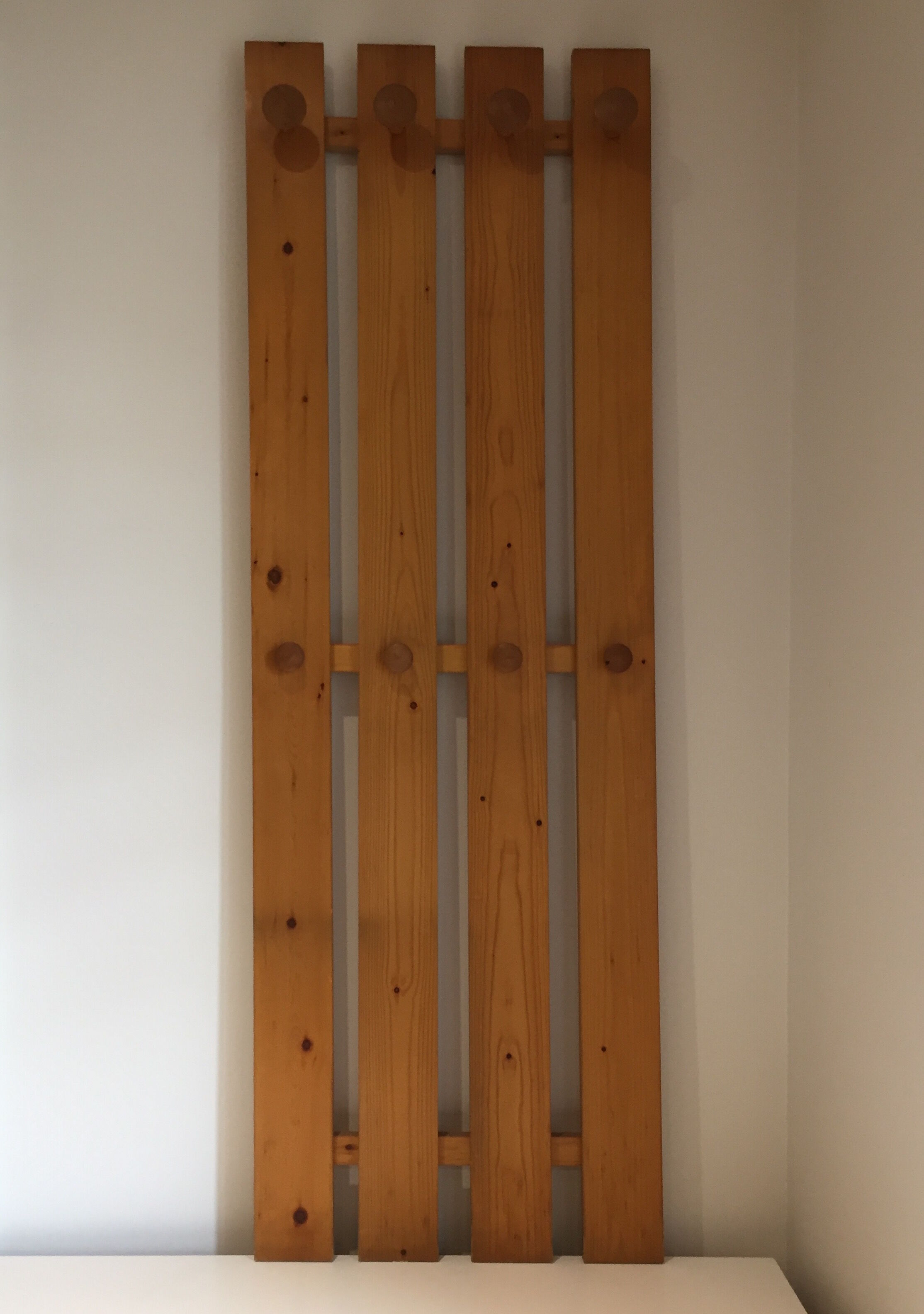 Wall-mounted coat rack, solid pine slats, 1960s