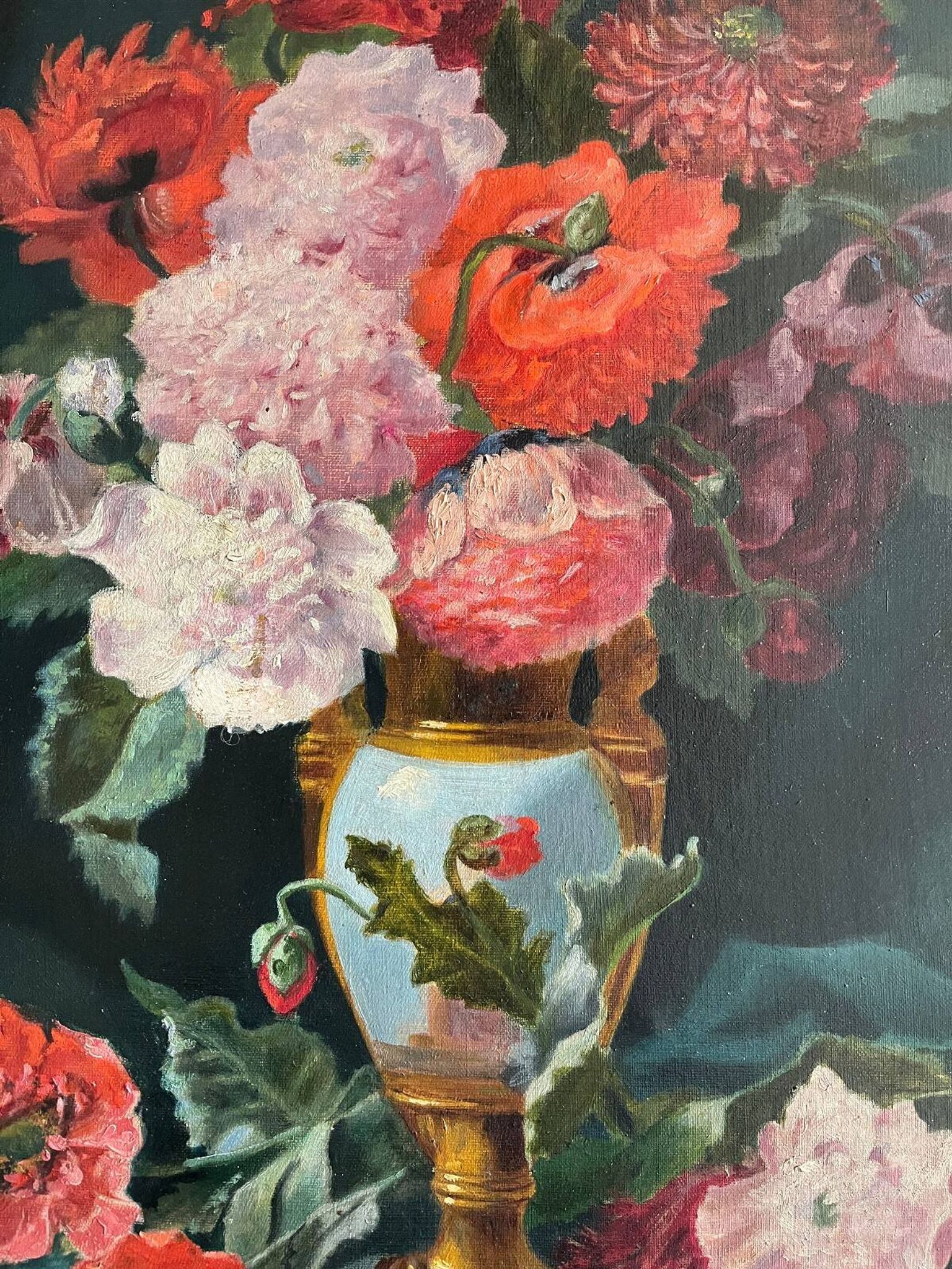 Tableau HST "Bouquet de fleurs sur entablement" signé fin XIX° siècle