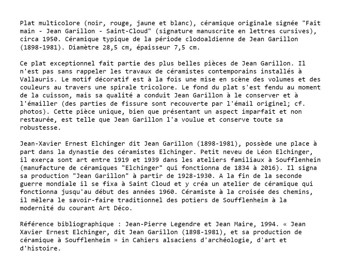 Multicolor dish, original ceramics signed Jean Garillon, years 50