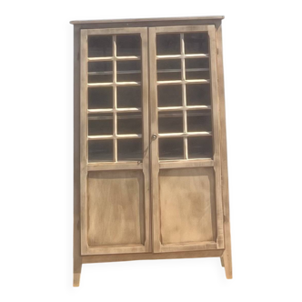 Armoire, bibliothèque, vaisselier parisien vitré ancien en bois brut