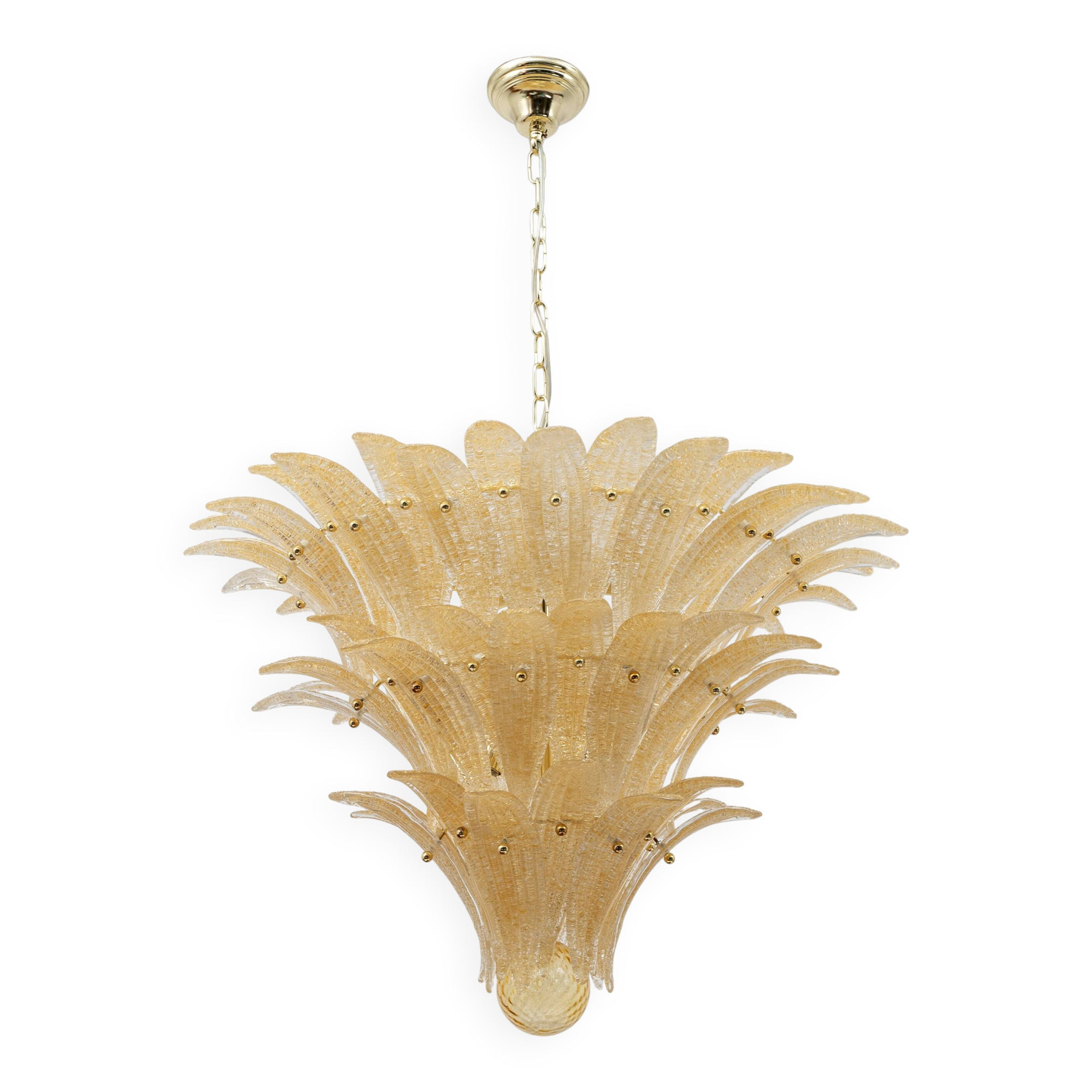 Barovier & Toso Style Gold-Palmette Murano Glass Pendant Chandelier