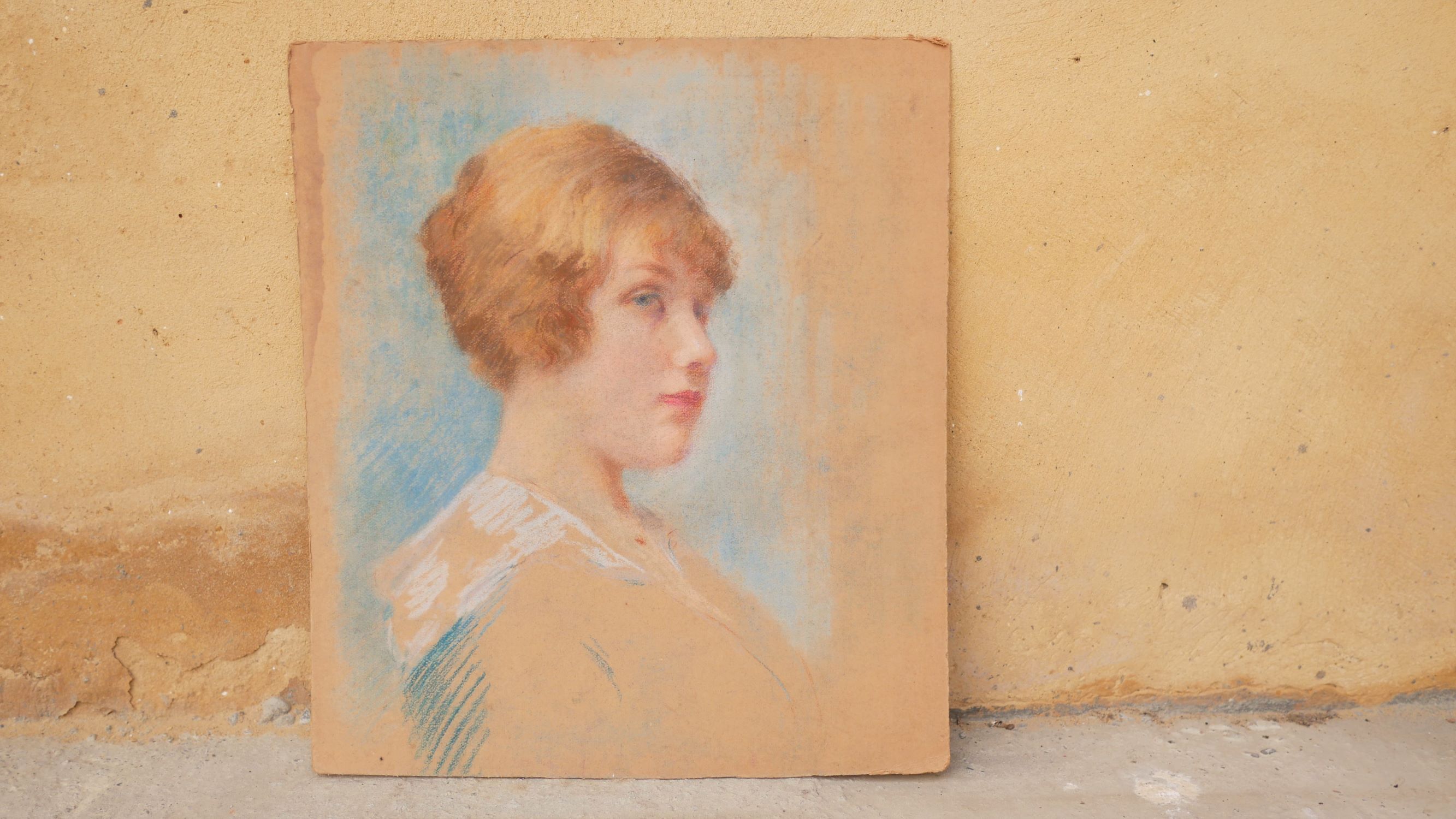 Pastel portrait on vintage cardboard