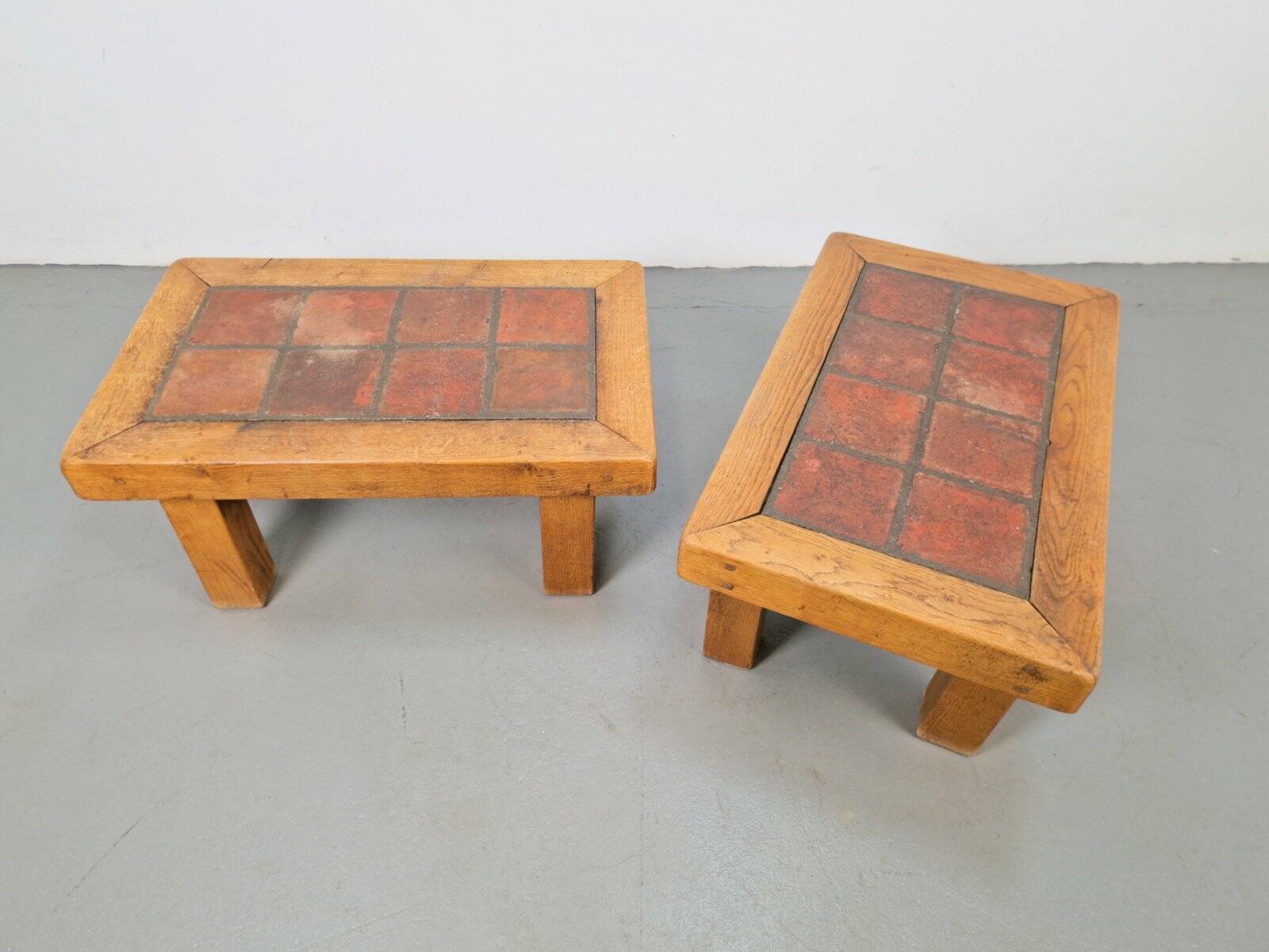 Brutalist Oak Side Table with Terracotta Tiles, 1950s, Set of 2