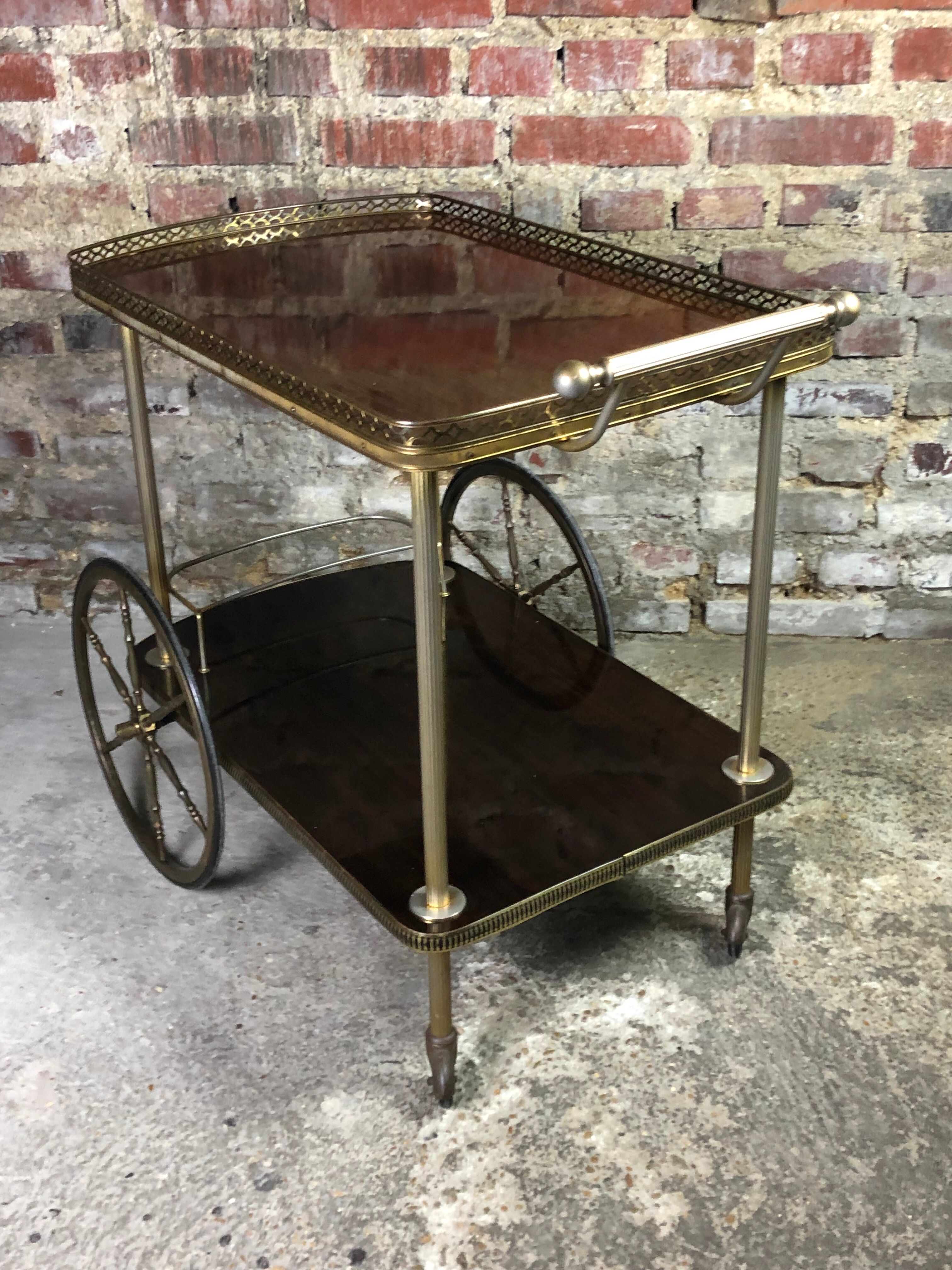 Vintage brass rolling table with 2 trays 70'S