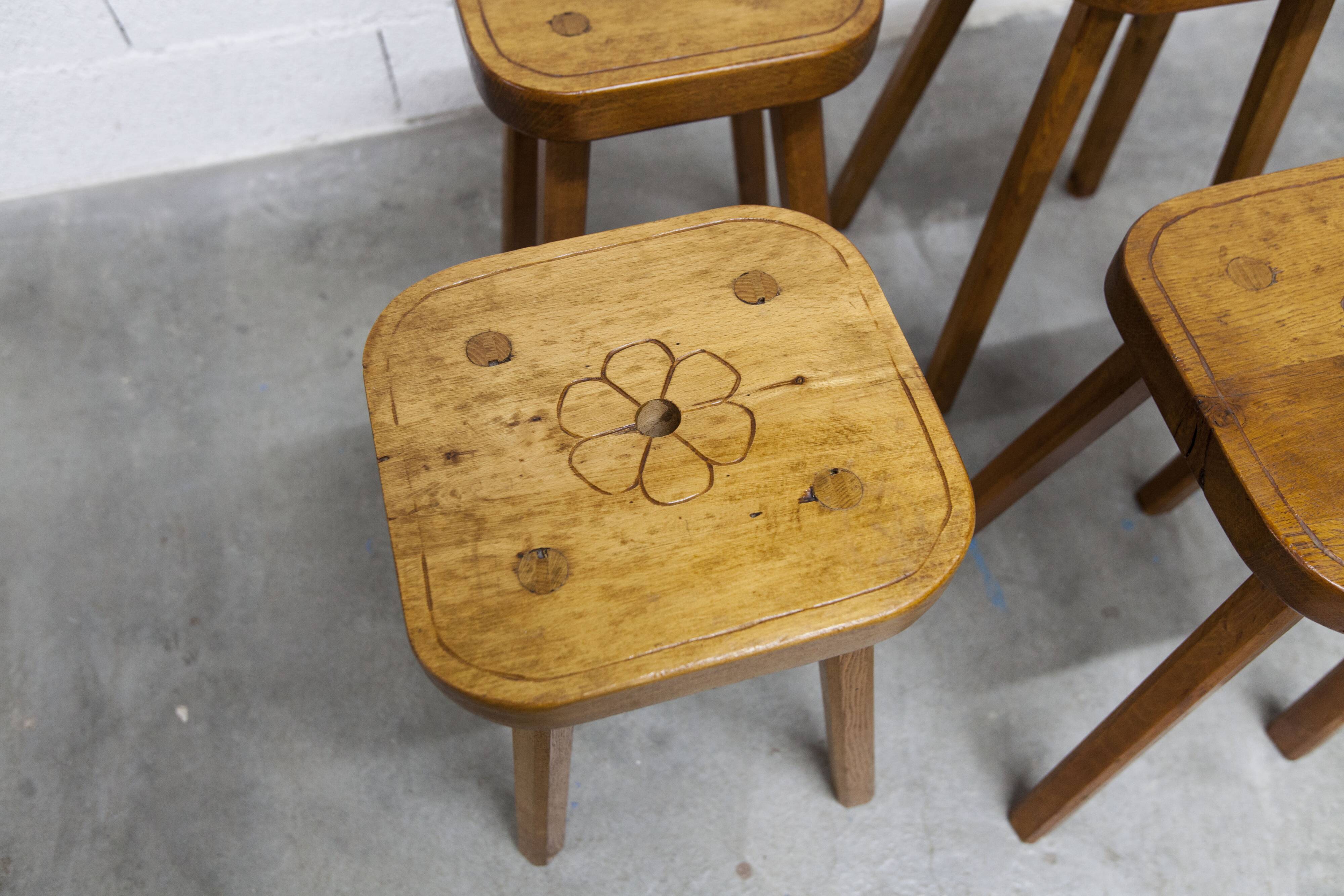 Set of 4 brutalist stools, handcrafted, 1960, flower.