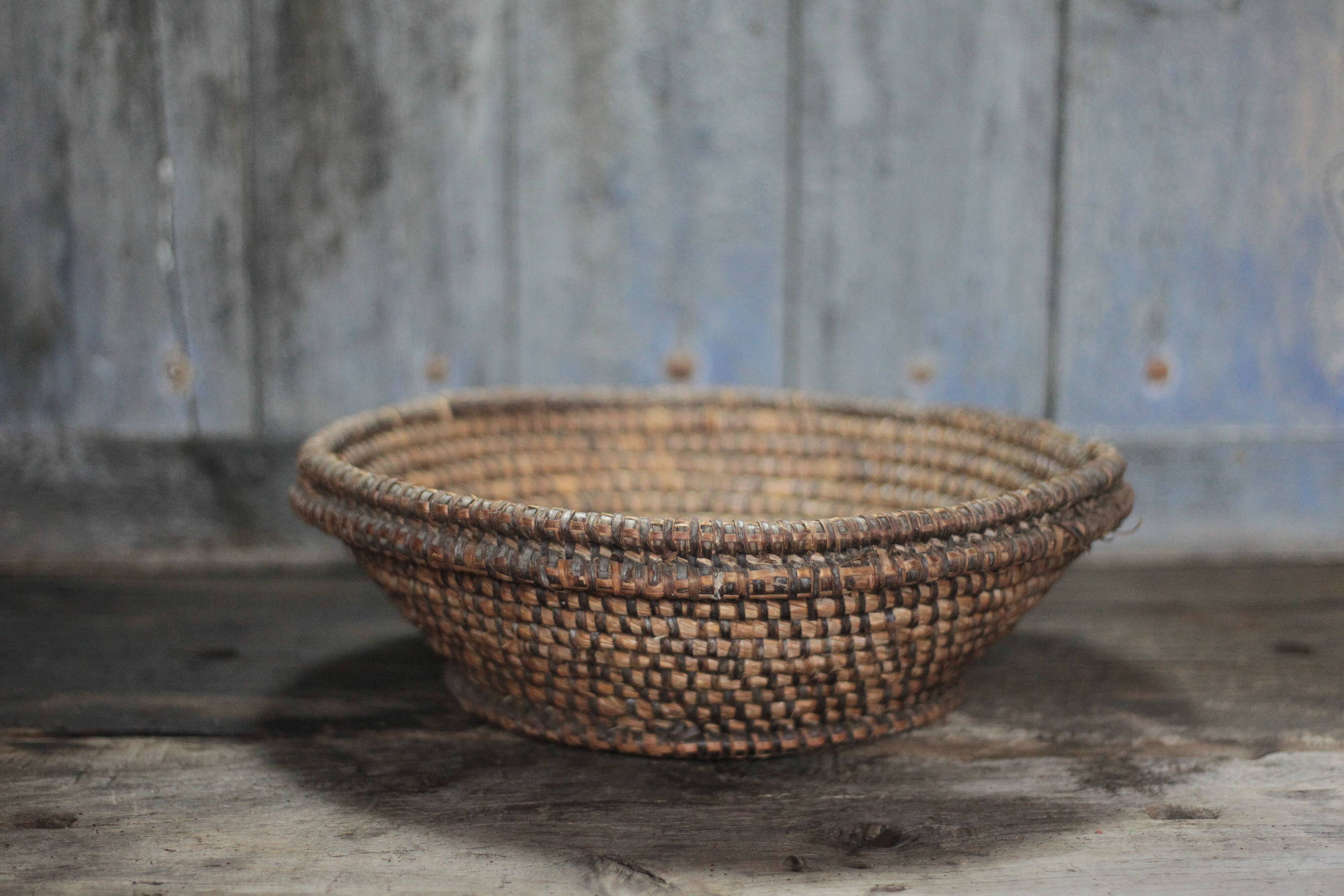 Large old wicker bowl, straw and bramble, woven bowl, rustic.