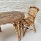 Vintage Audoux Minet bamboo, rattan, and smoked glass table duo.