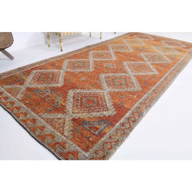 Vintage Turkish Hand-Knotted Wool Cotton Orange Area Rug 150x333