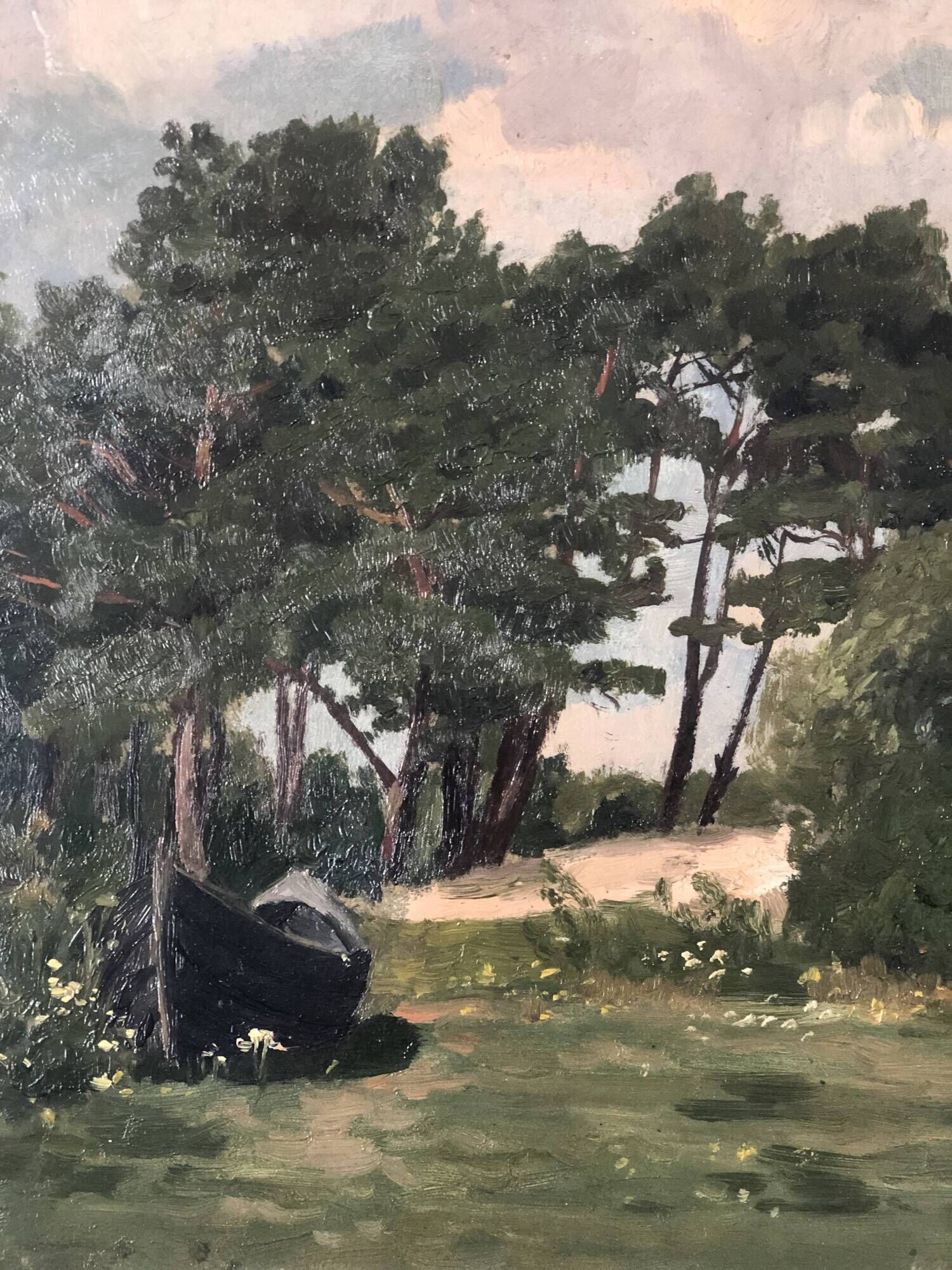 Vintage Original Landscape Oil Painting: Rowboat Nature Art